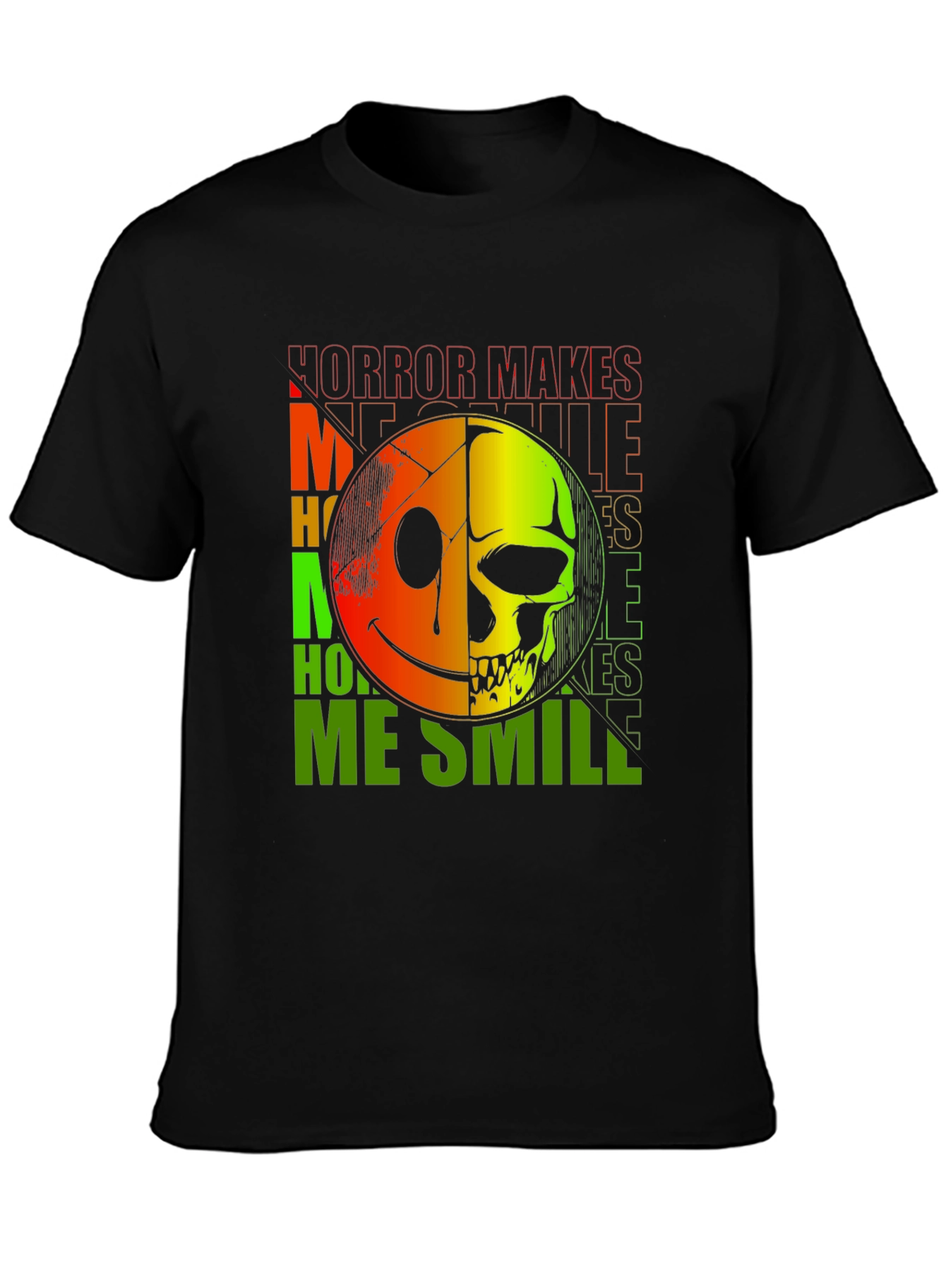 Black Horror Makes Me Smile T-Shirt - Half Smile, Half Skull view 3