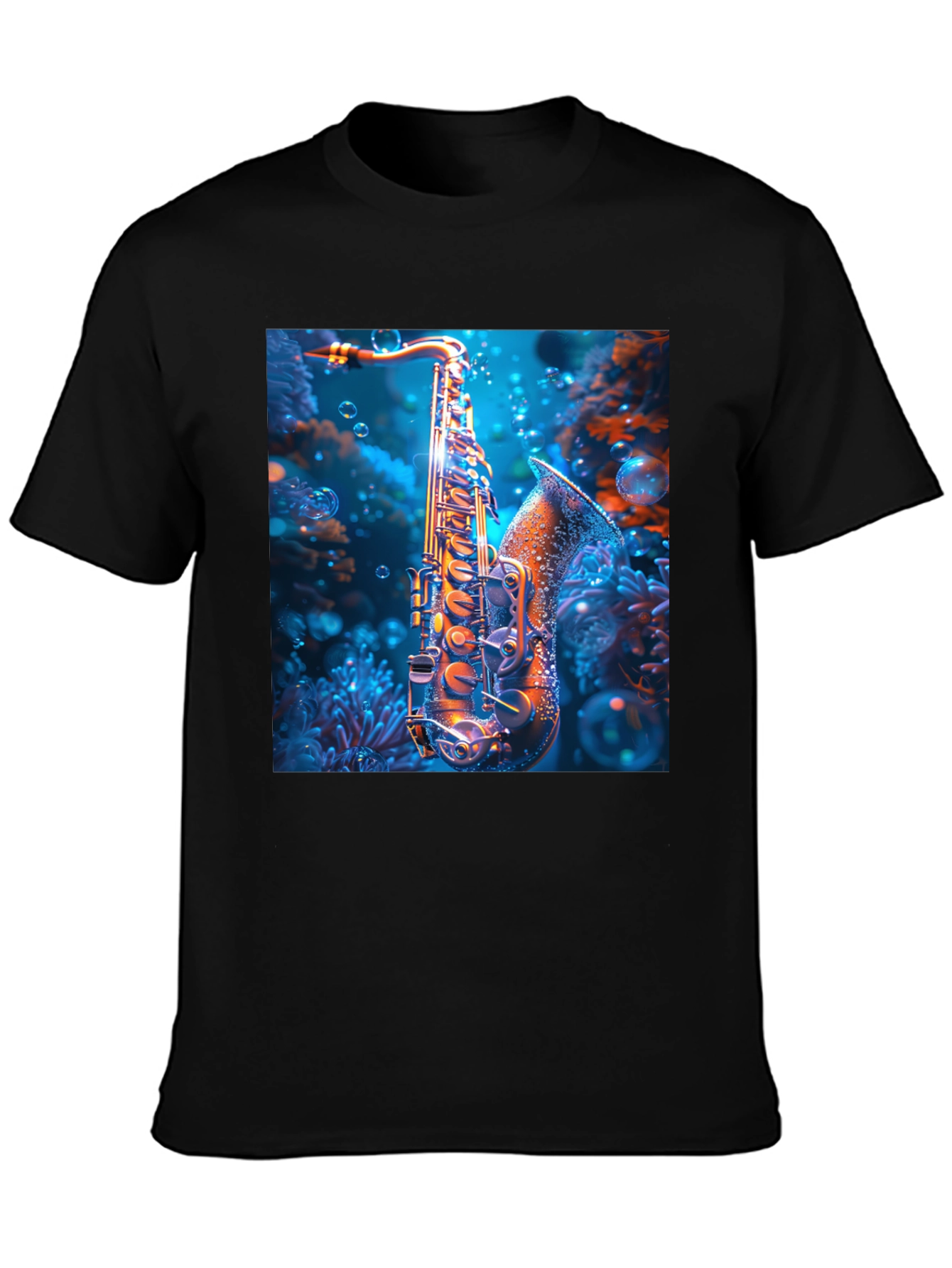 Black Saxophone Underwater T-Shirt - Unique Musical Design view 3