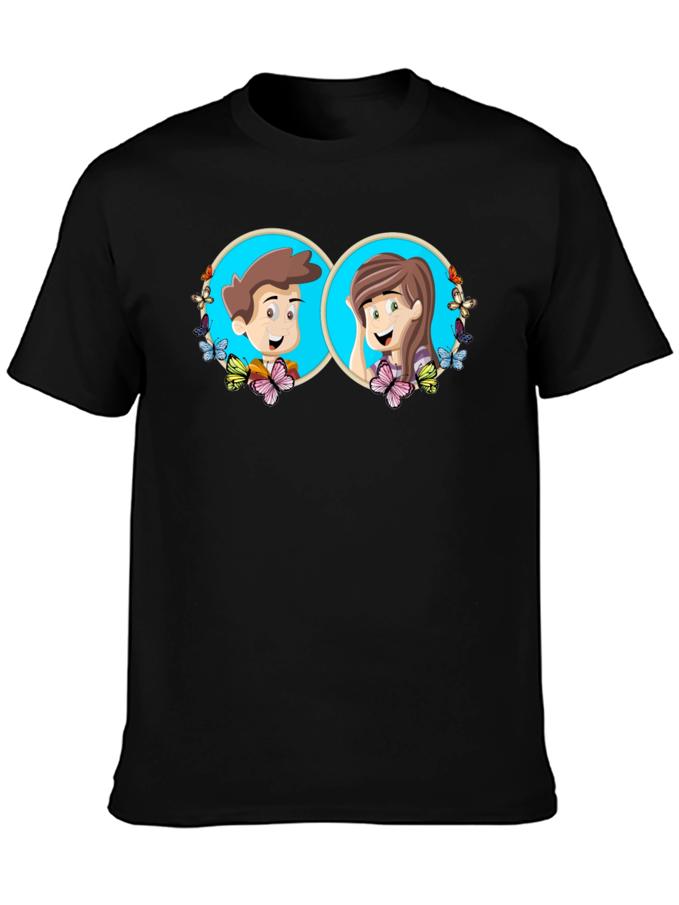 Black Cartoon Couple Graphic Tee - Quirky Black T-Shirt view 3