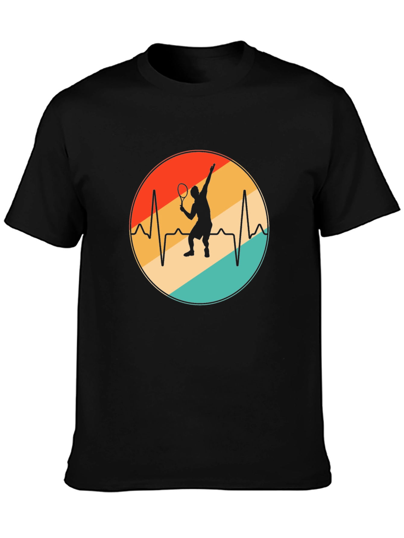 Black Tennis Heartbeat T-Shirt - Black Cotton Blend Casual Tee view 3