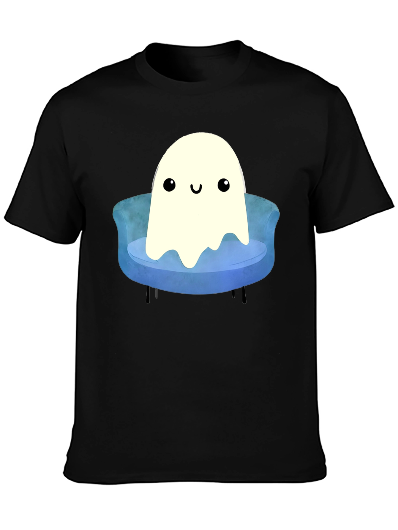 Black Cute Ghost on Couch T-Shirt - Spooky Season Apparel view 3