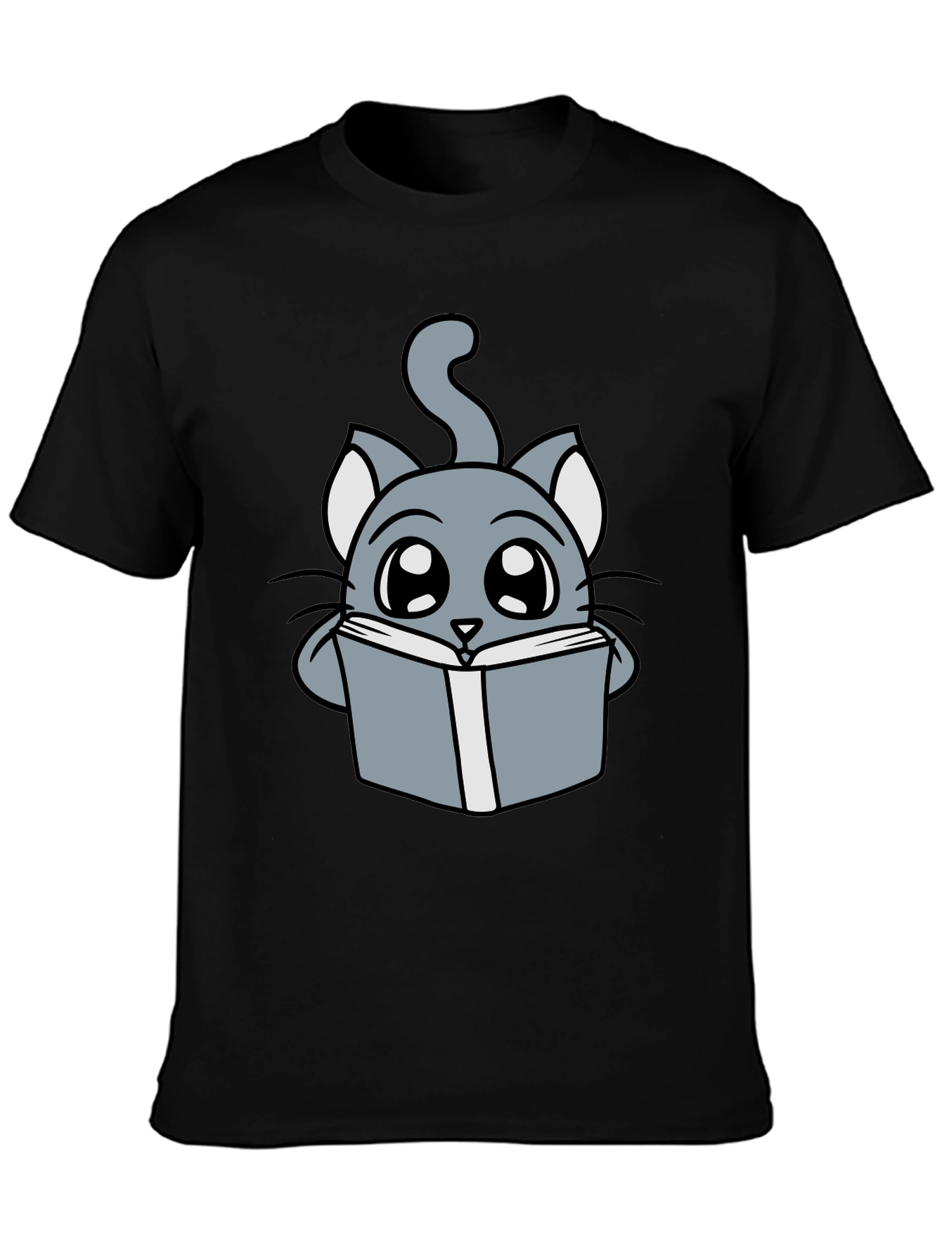 Black Cute Cartoon Cat Reading T-Shirt view 3