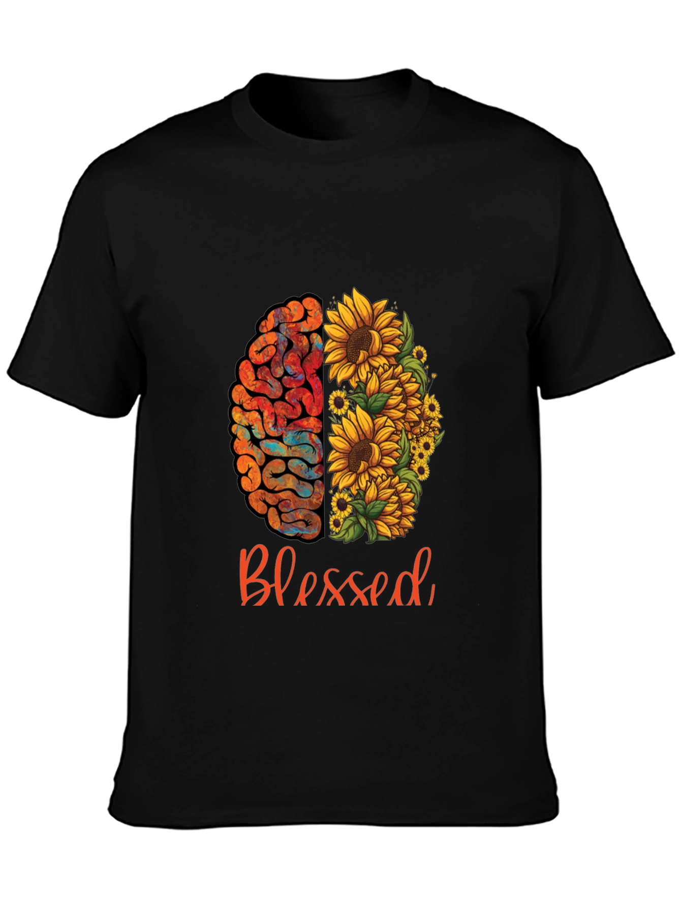 Black Blessed Brain & Sunflower Graphic Tee - Unisex Cotton T-Shirt view 3