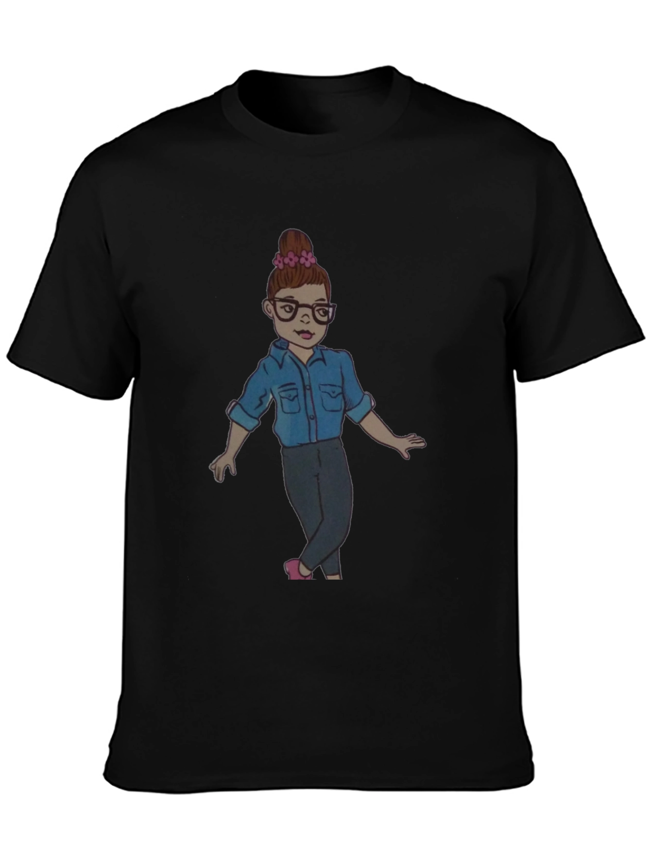 Black Black Tee with Cartoon Girl Design view 3