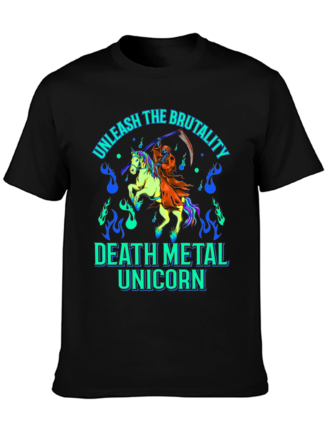 Black Unleash The Brutality Death Metal Unicorn Graphic Tee view 3