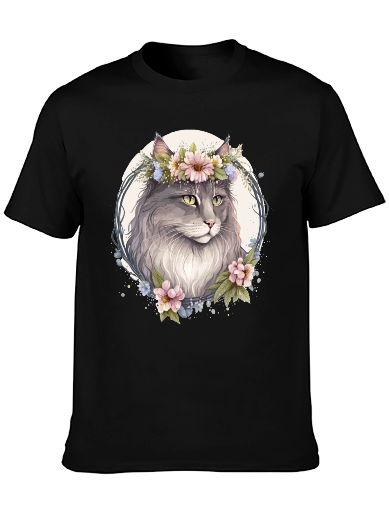Floral Cat Graphic Black T-Shirt - 3