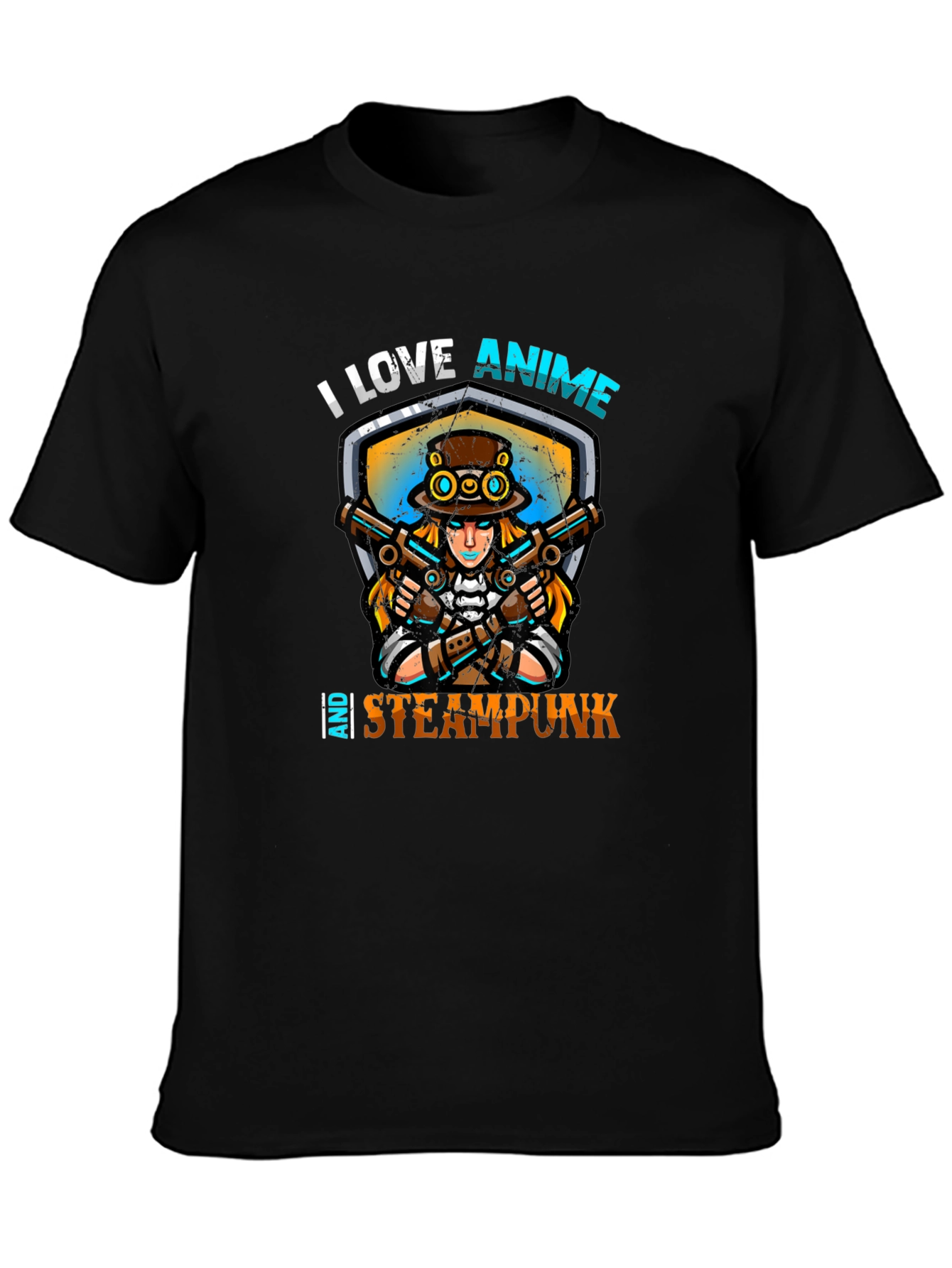 Black I Love Anime and Steampunk Graphic Tee view 3