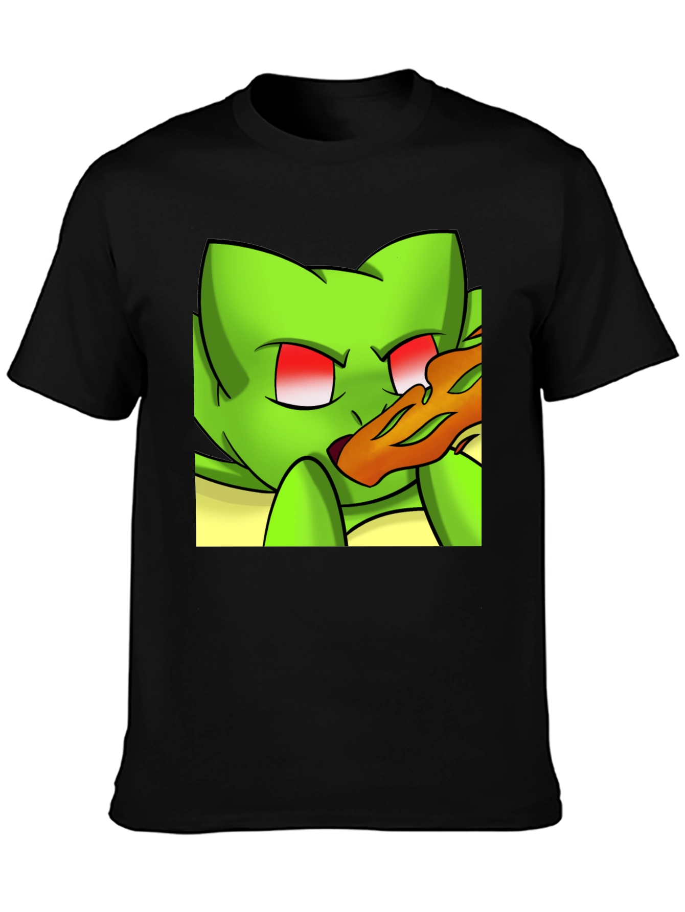 Black Cartoon Green Cat Pizza Graphic Black Tee view 3