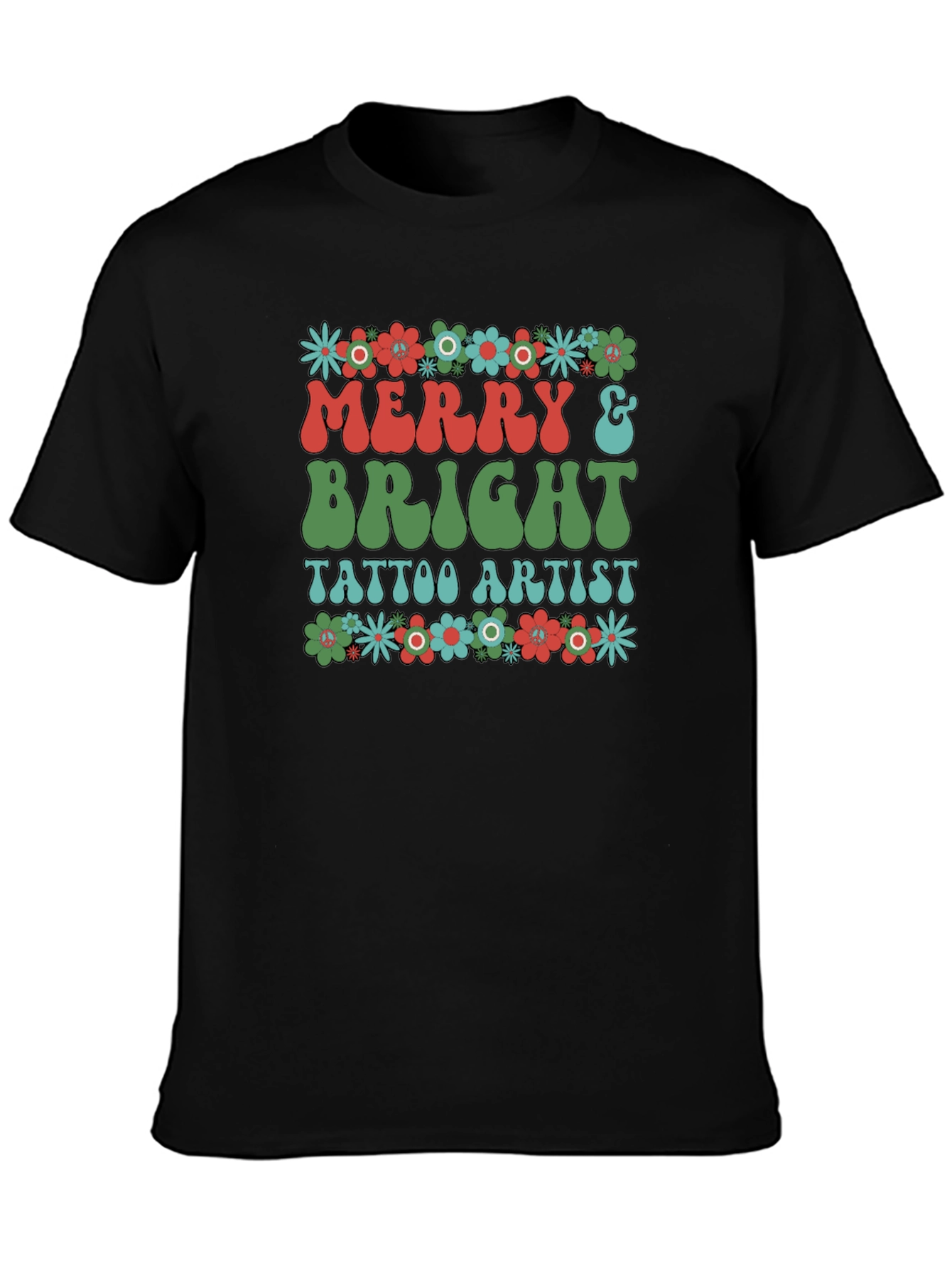 Black Merry & Bright Tattoo Artist Graphic T-Shirt view 3