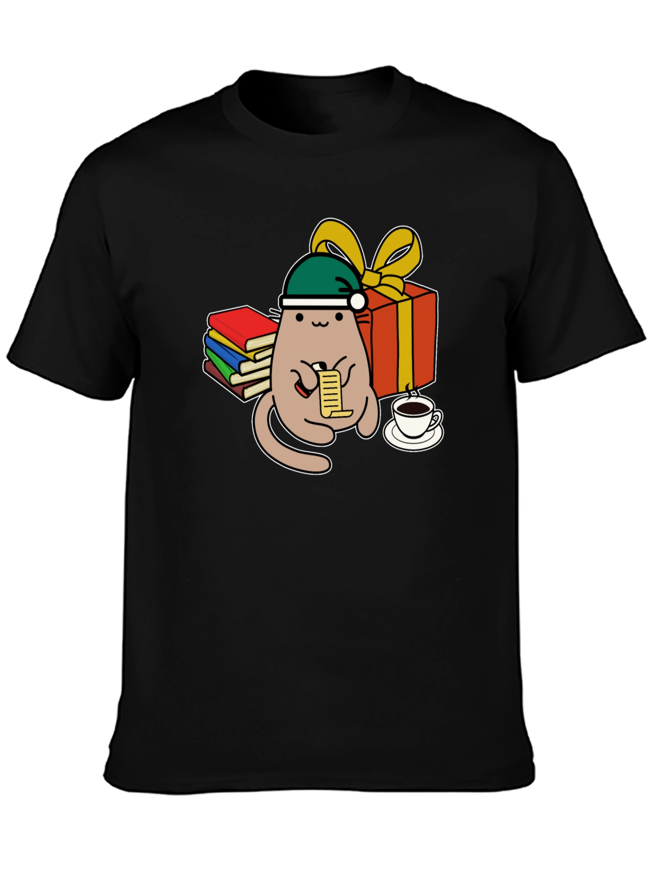 Black Festive Cat Reading Christmas List T-Shirt view 3