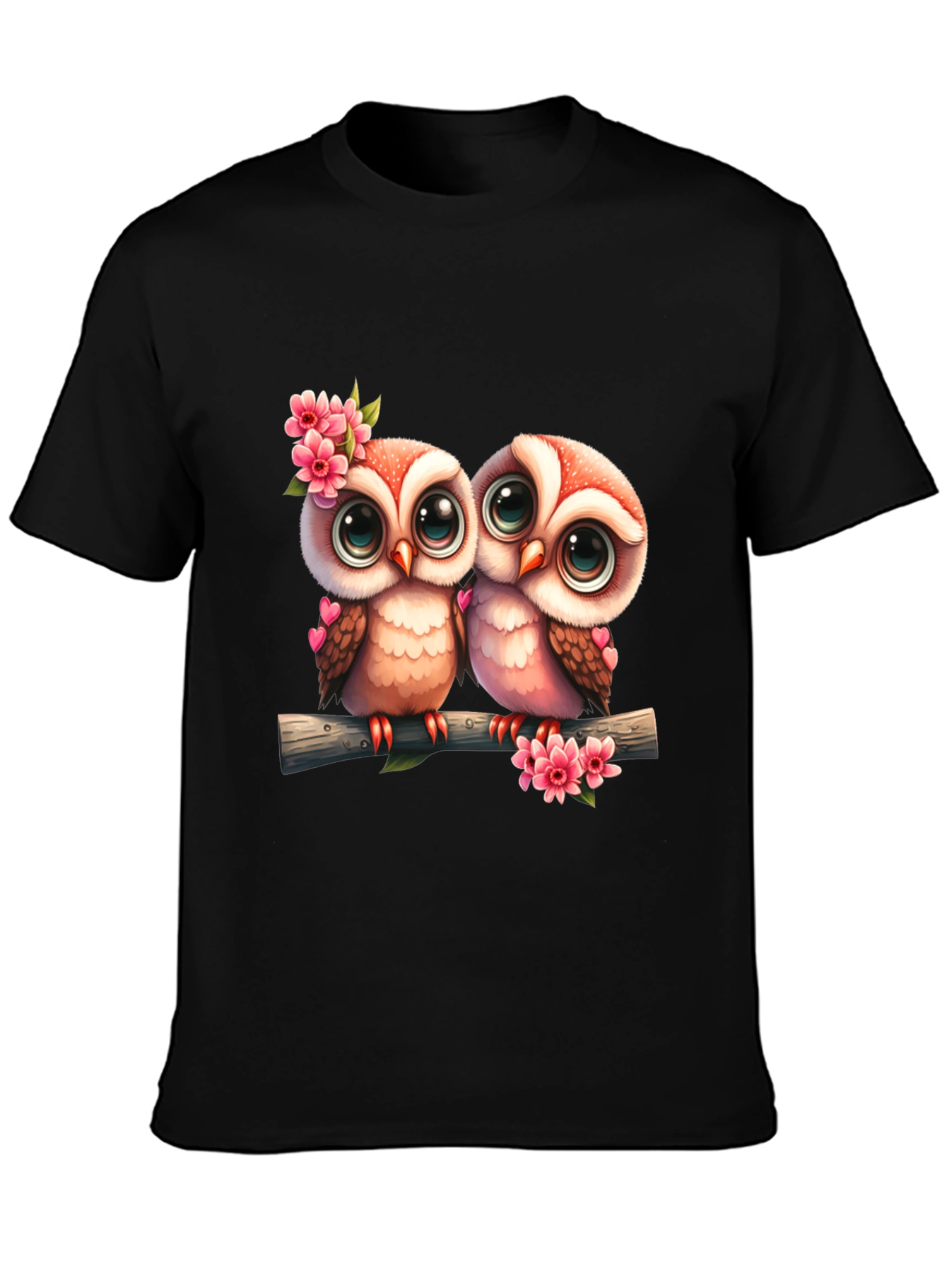 Black Owl Love Tee: Cute Cartoon Owls on Branch T-Shirt view 3