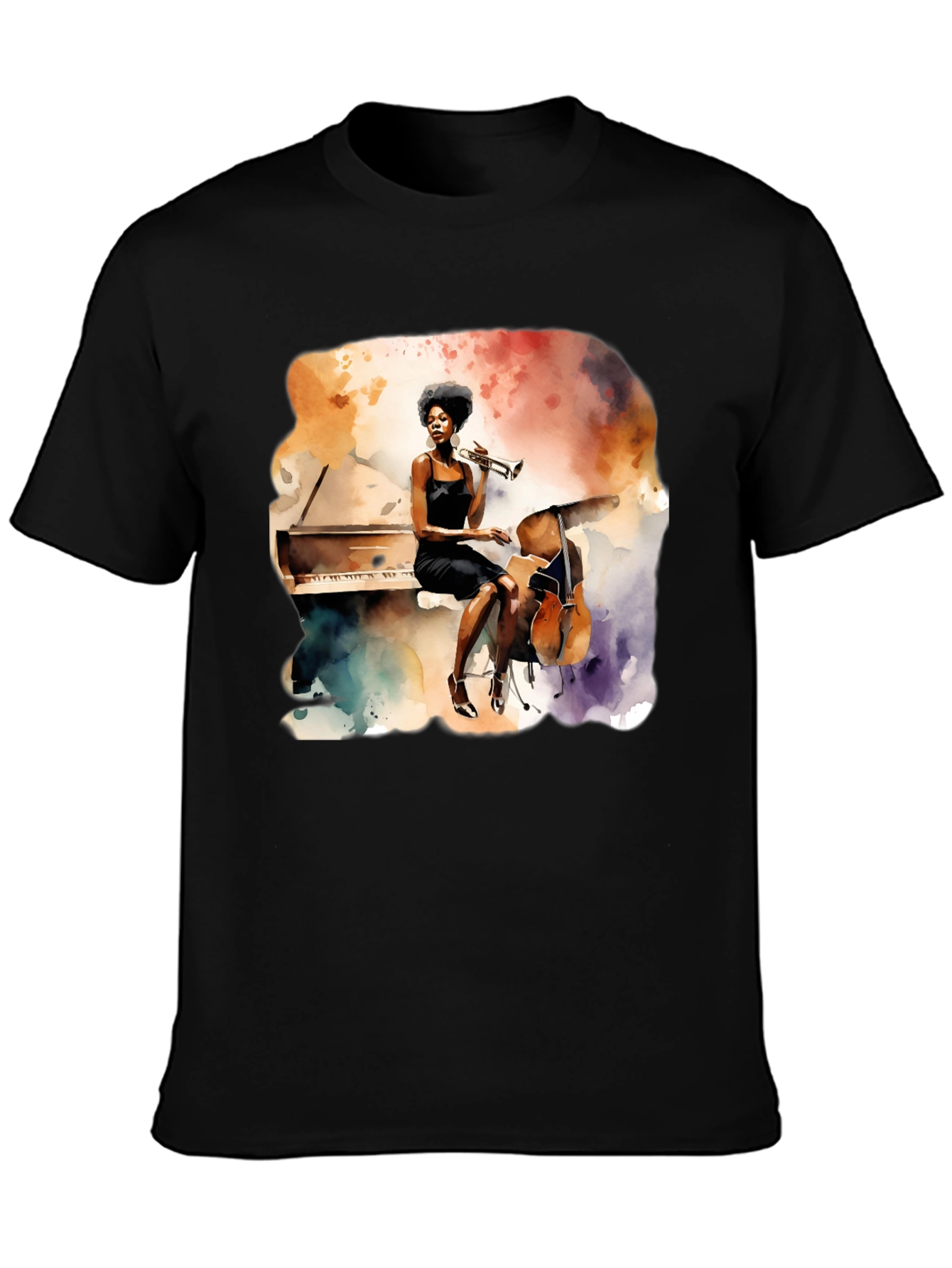 Black Watercolor Jazz Musician Unisex Tee view 3