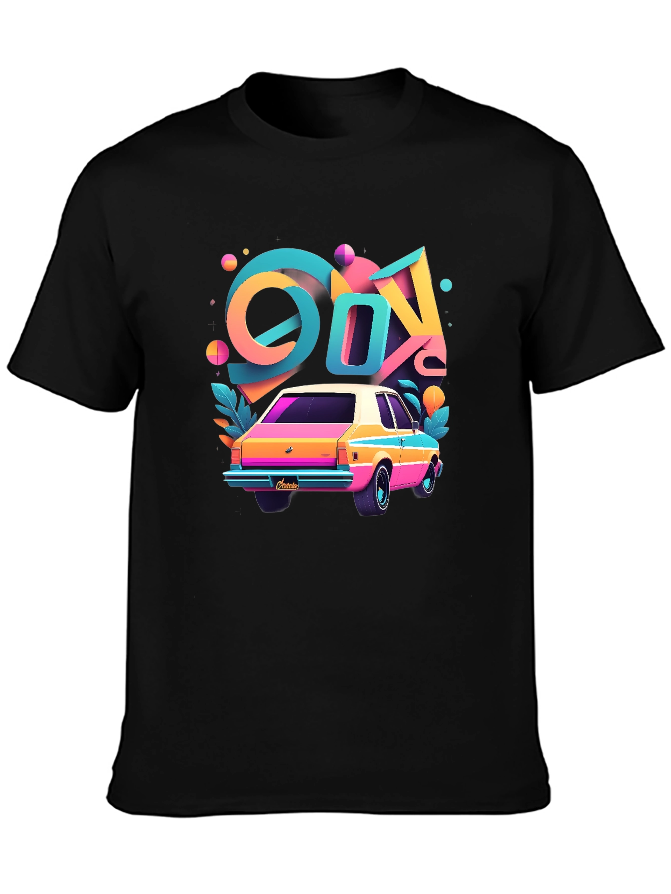 Black Retro 80s Car T-Shirt - Colorful Design view 3