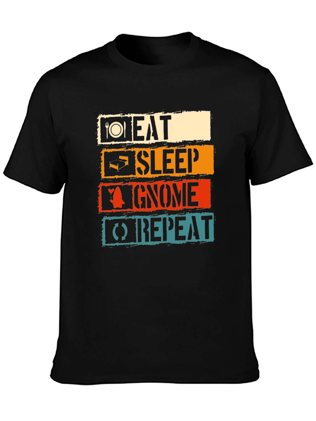 Black Eat Sleep Gnome Repeat Black T-Shirt view 3