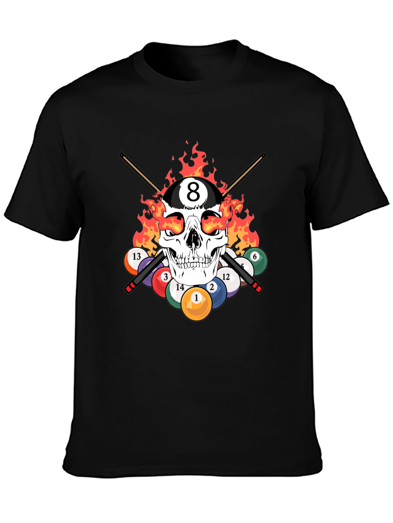 Black Skull 8 Ball Flames T-Shirt - Billiards Graphic Tee view 3