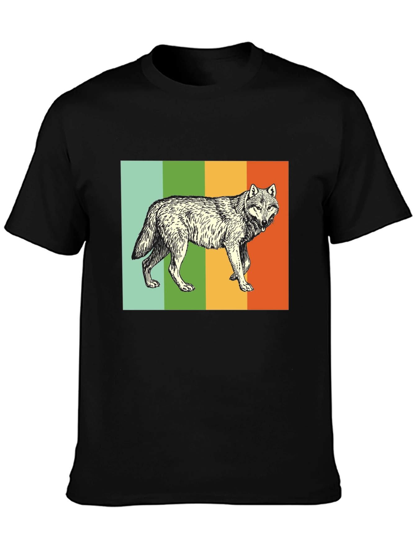 Black Retro Wolf Graphic Tee - Black Cotton Blend T-Shirt view 3