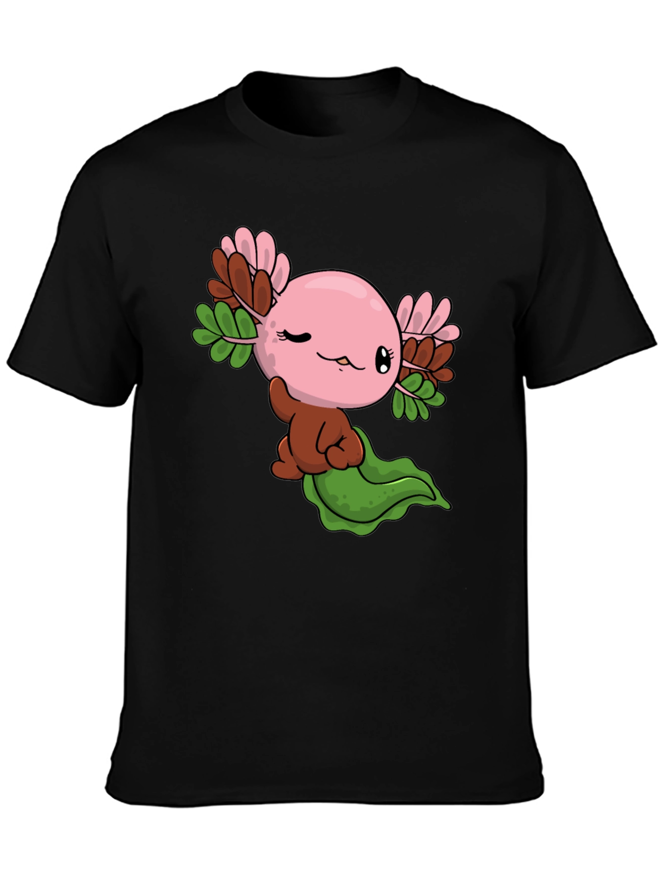 Black Cute Axolotl Cartoon Black T-Shirt view 3