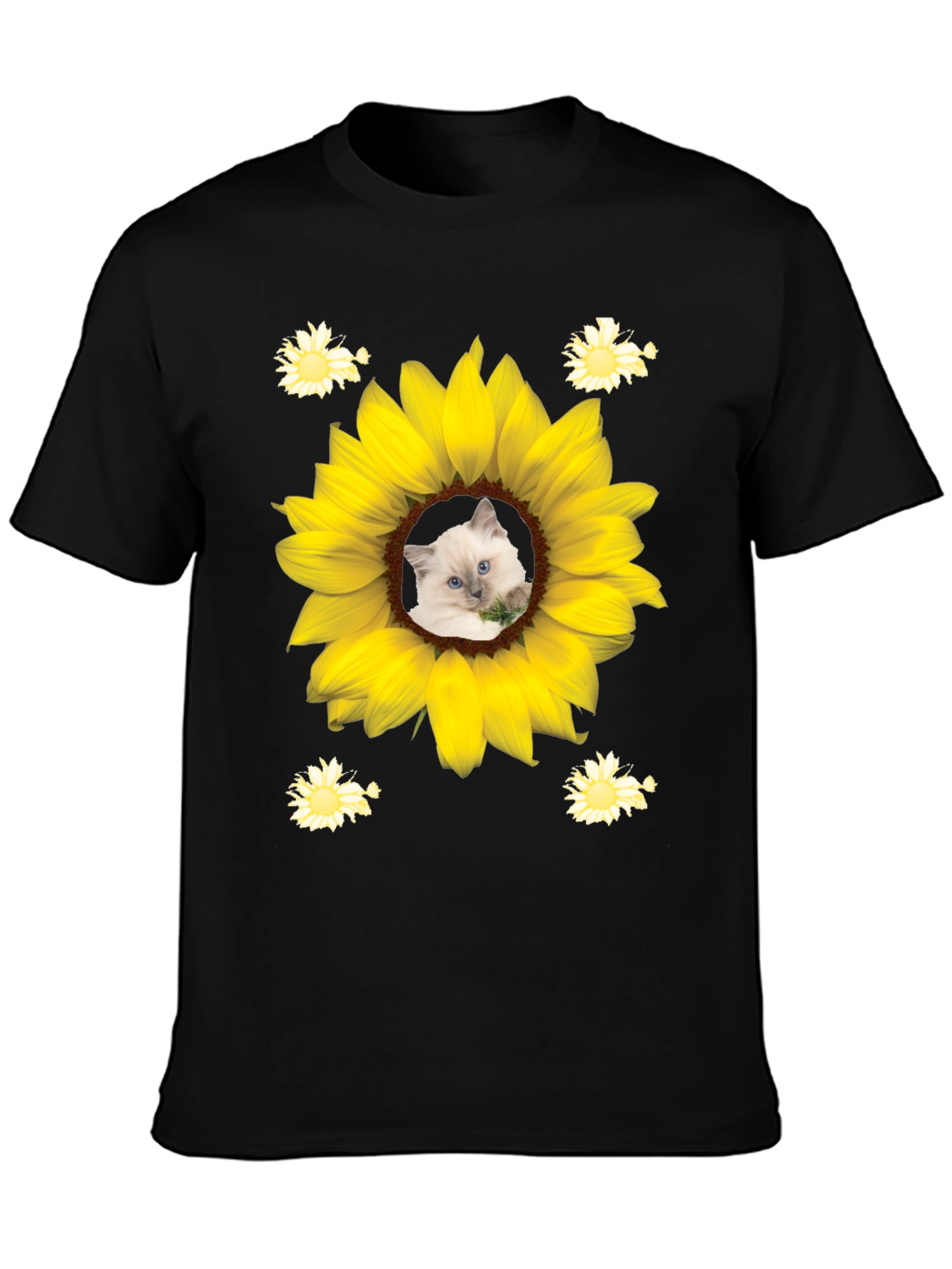 Black Sunflower Cat T-Shirt - Unique Graphic Tee view 3