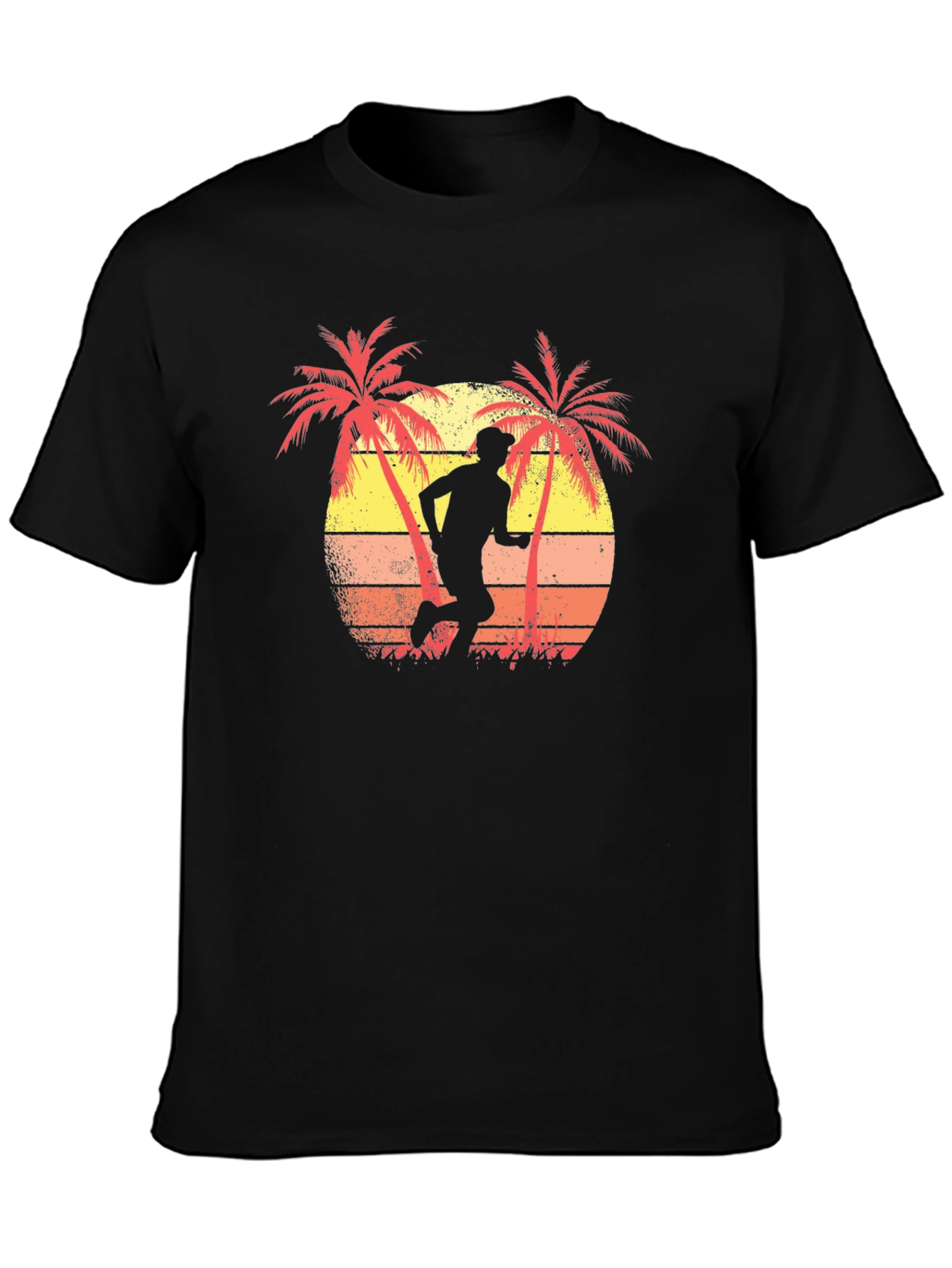 Black Retro Runner T-Shirt - Palm Tree Sunset Design view 3