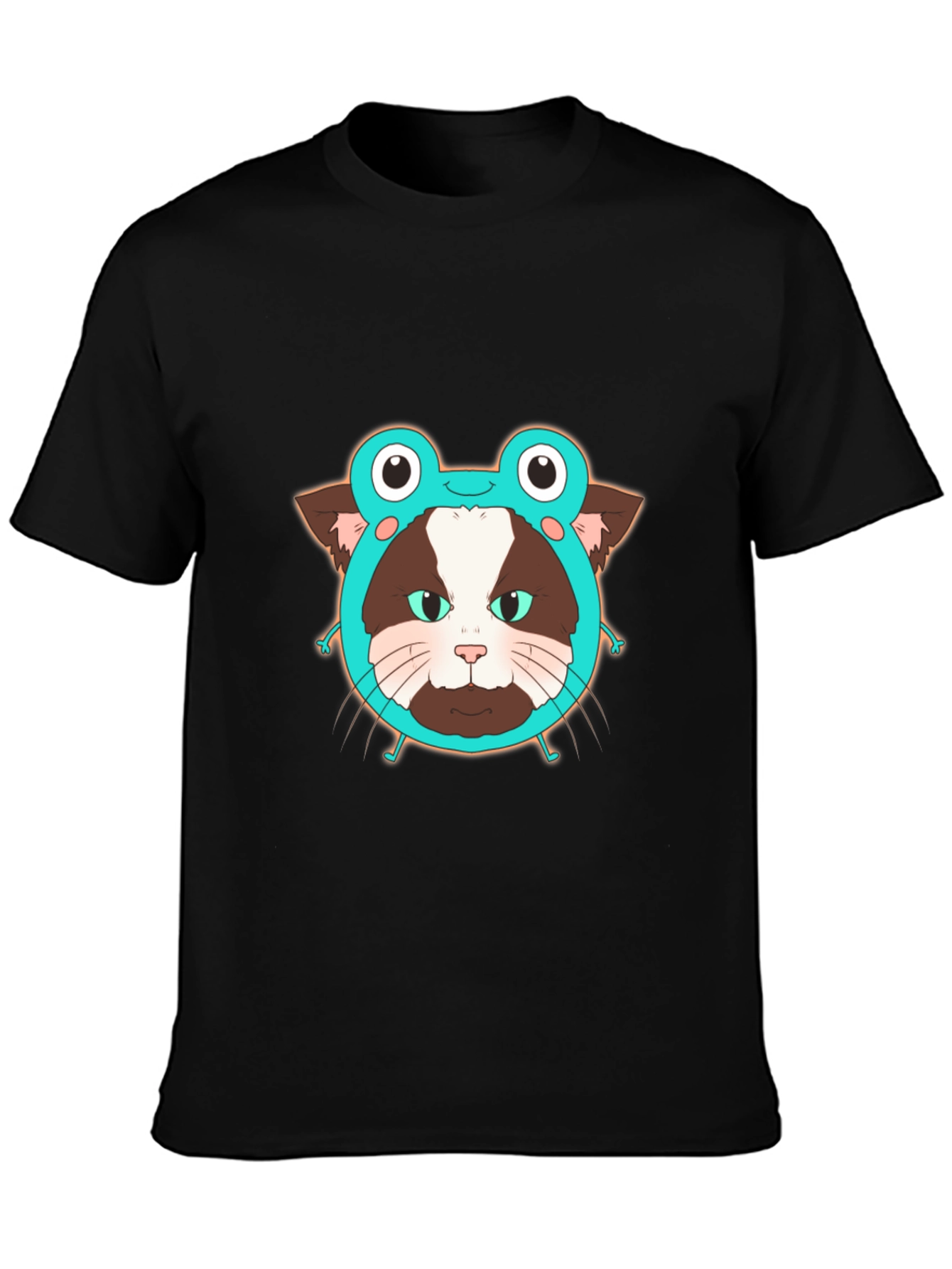 Black Funny Cat in Frog Hat Graphic Tee - Black view 3