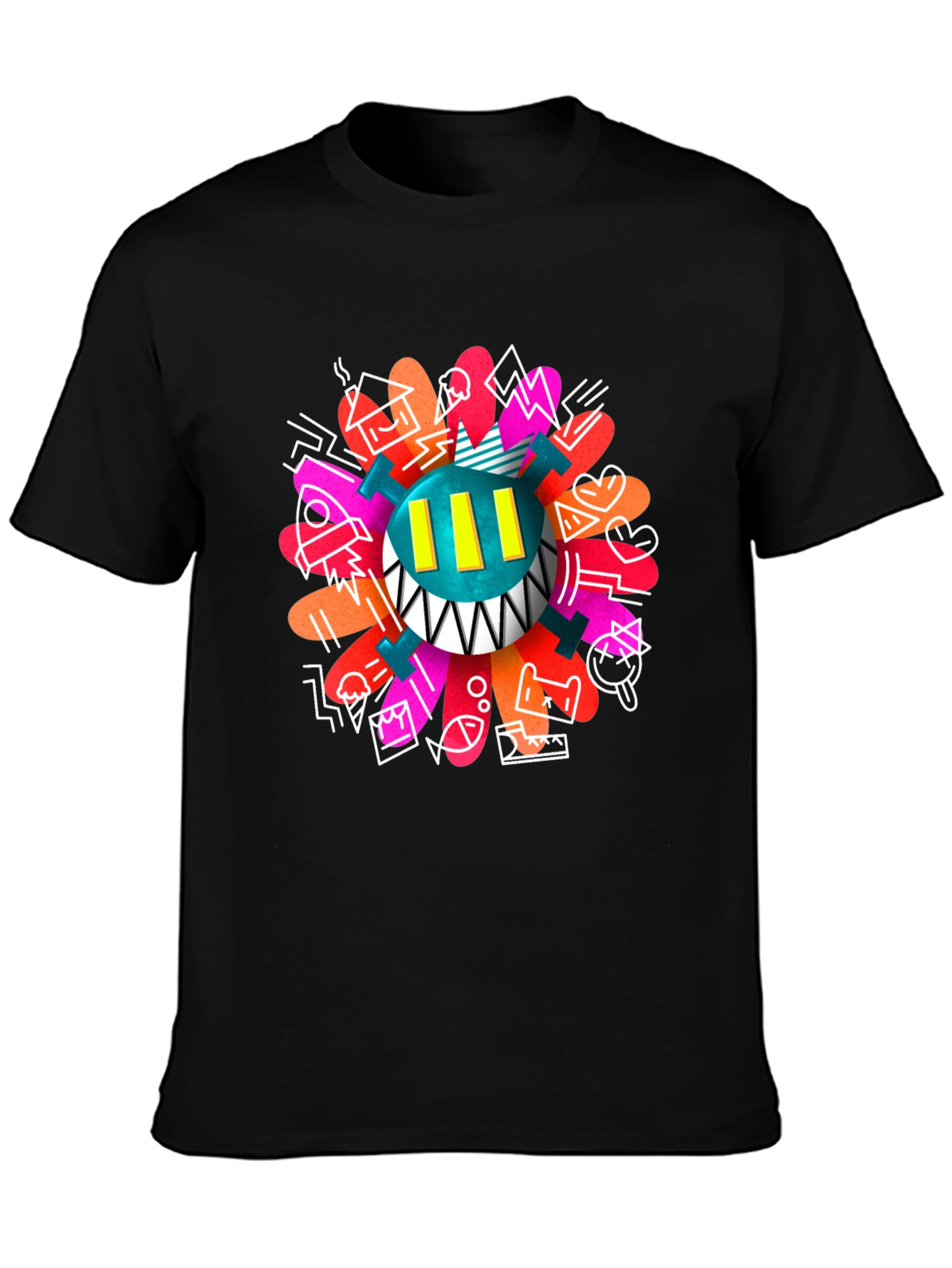 Black Funky Graphic Print Crew Neck T-Shirt view 3