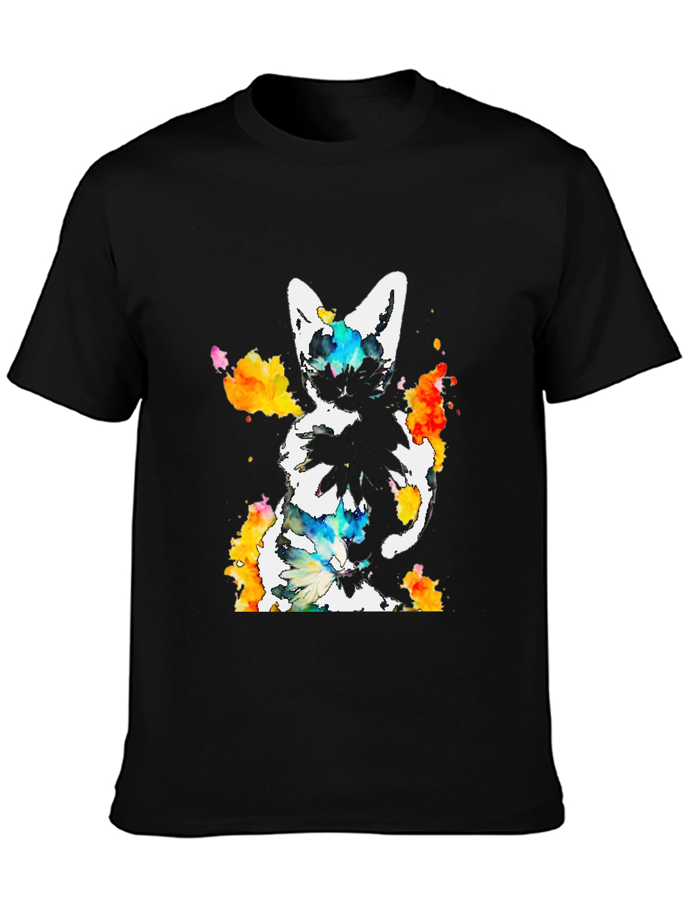 Black Watercolor Cat Print Black T-Shirt view 3