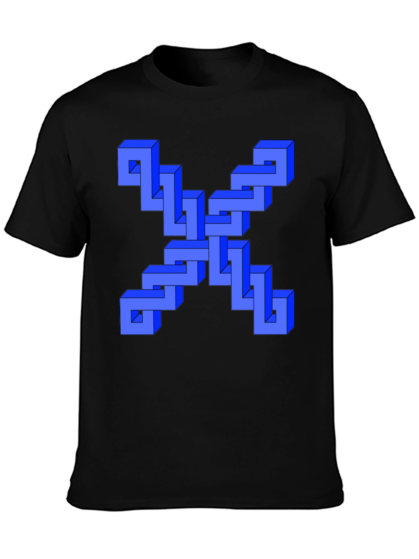 Black Optical Illusion Blue Cube Design Black T-Shirt view 3