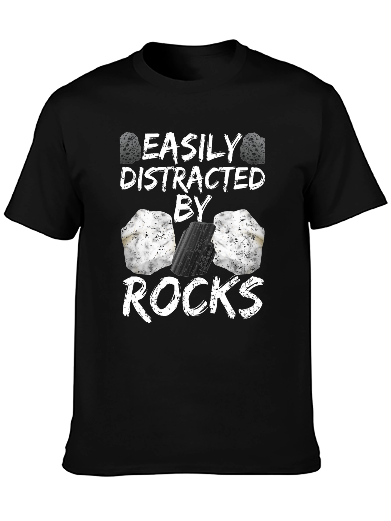 Black Easily Distracted By Rocks Funny T-Shirt view 3