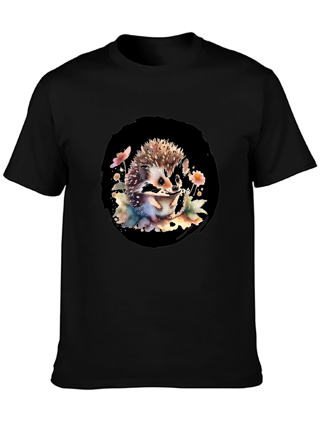 Black Hedgehog Watercolor Graphic Black T-Shirt view 3
