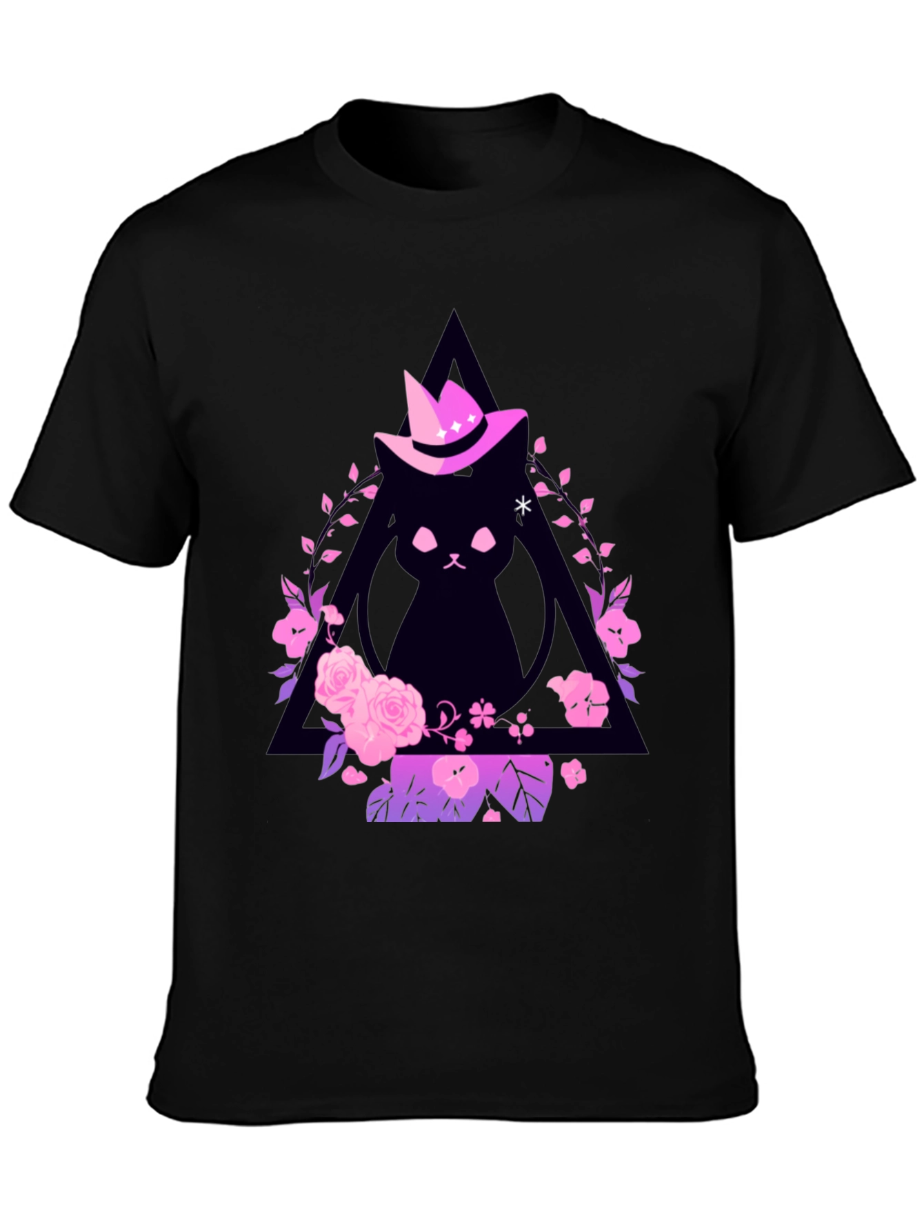 Black Witch Cat Graphic Tee - Floral Triangle Design view 3
