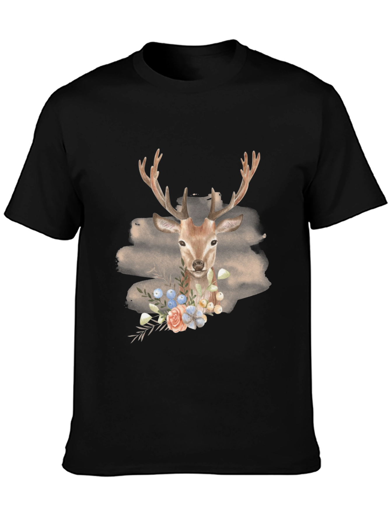 Black Deer Floral Graphic Print Tee - Men's Black T-Shirt view 3