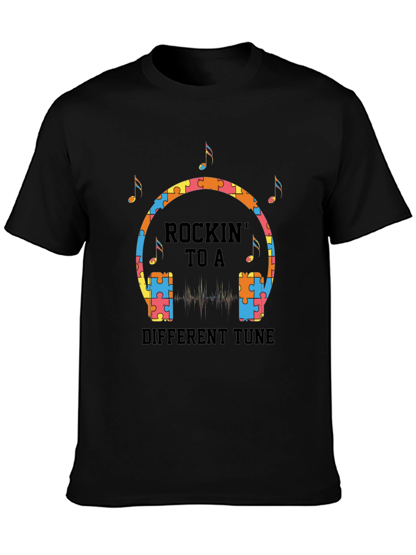 Black Rockin' to a Different Tune Autism Awareness T-Shirt view 3