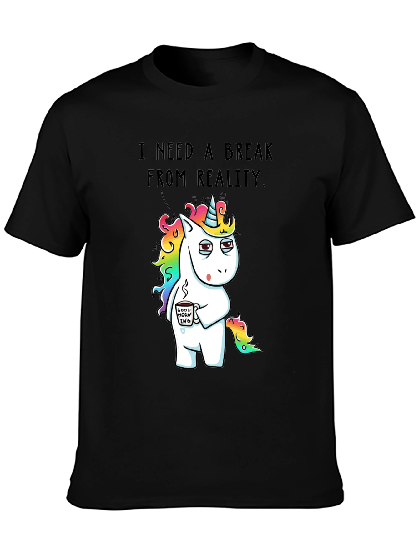 Black Funny Unicorn 'Break From Reality' Graphic T-Shirt view 3