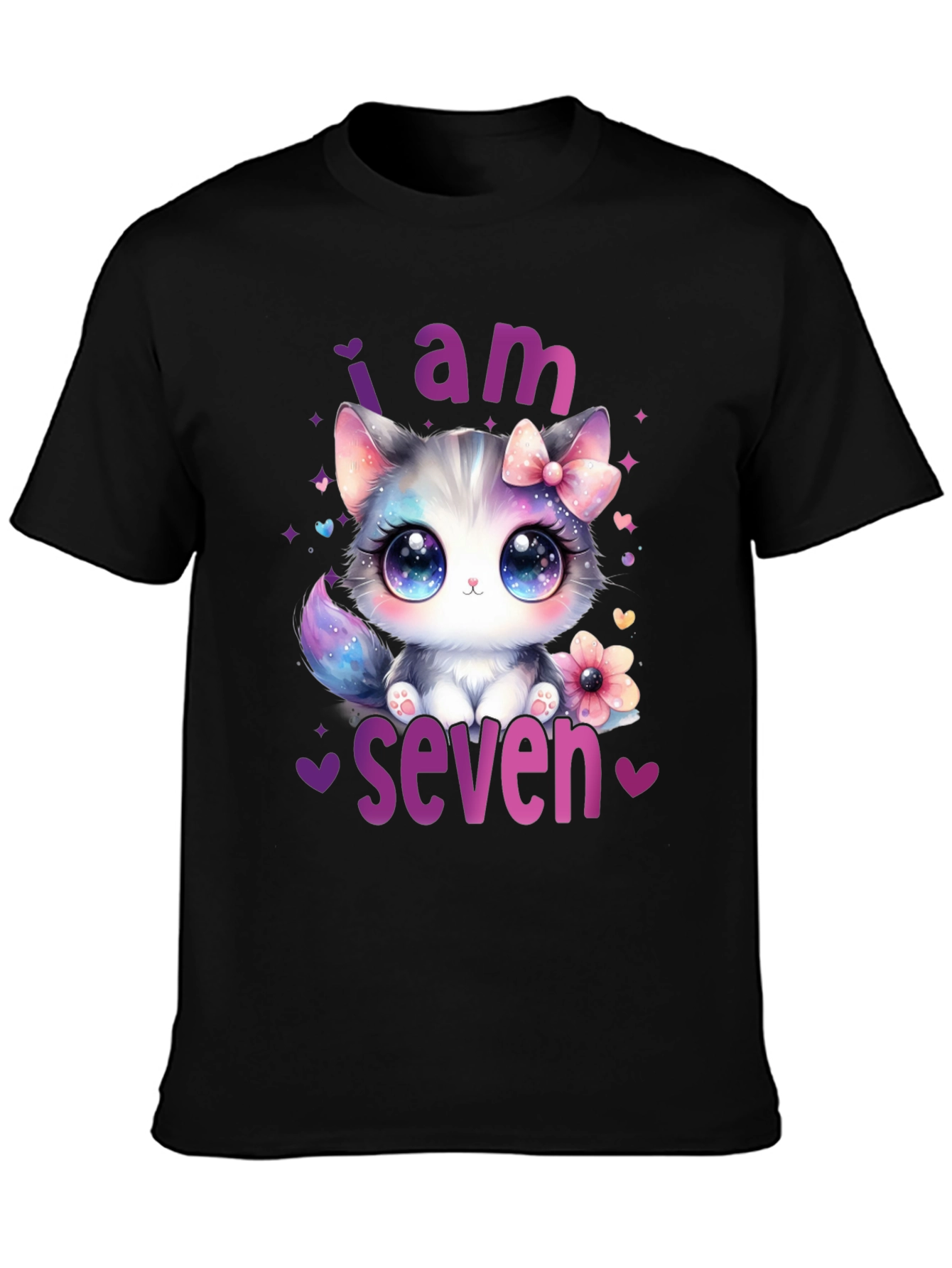Black I am Seven Kitten Birthday T-Shirt view 3