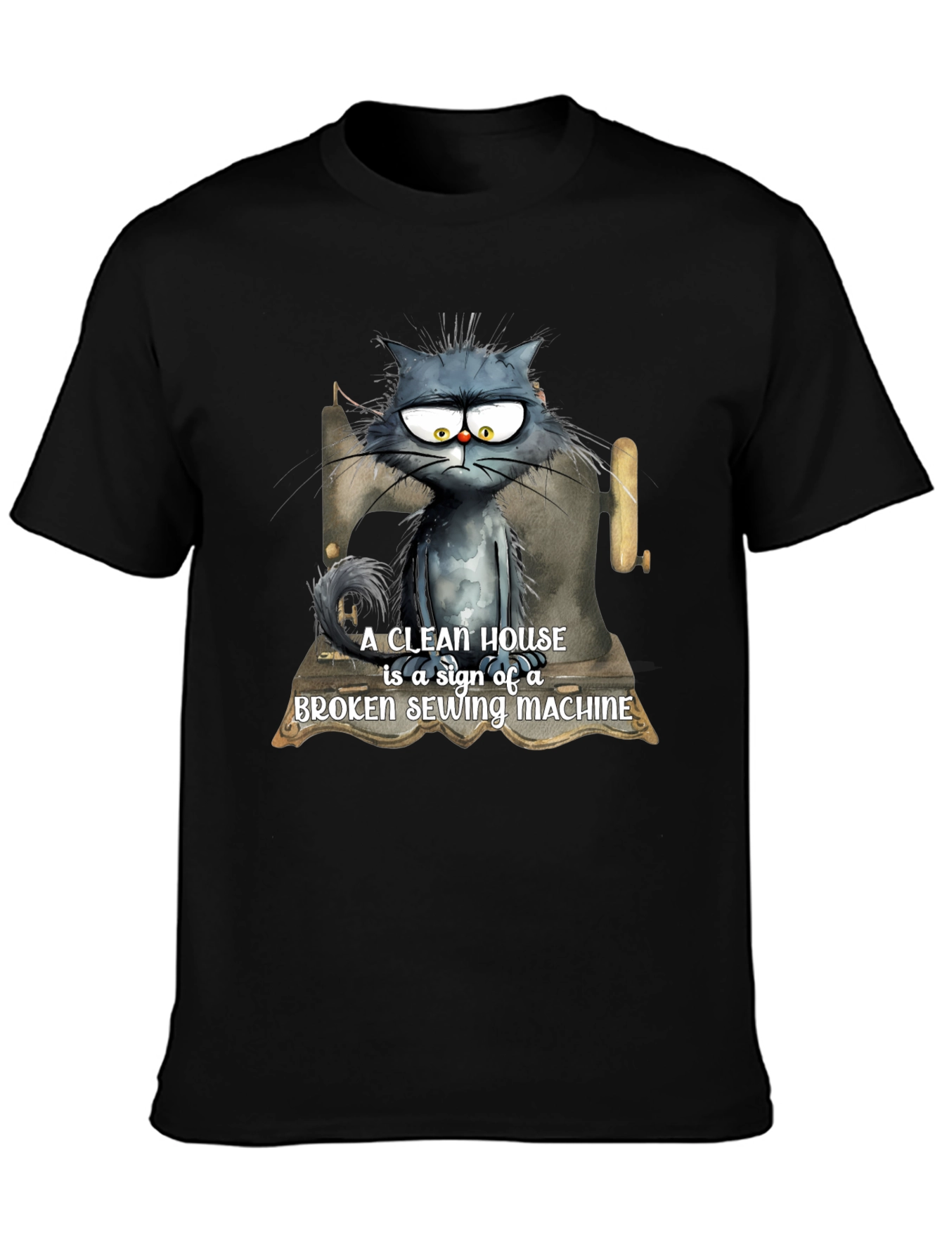 Black Cat & Sewing Machine T-Shirt - Humorous Design view 3