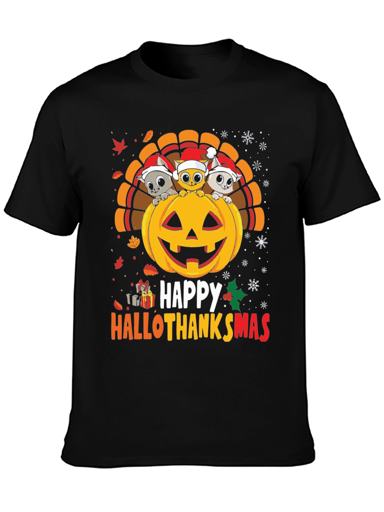 Black Happy Hallothanksmas T-Shirt view 3