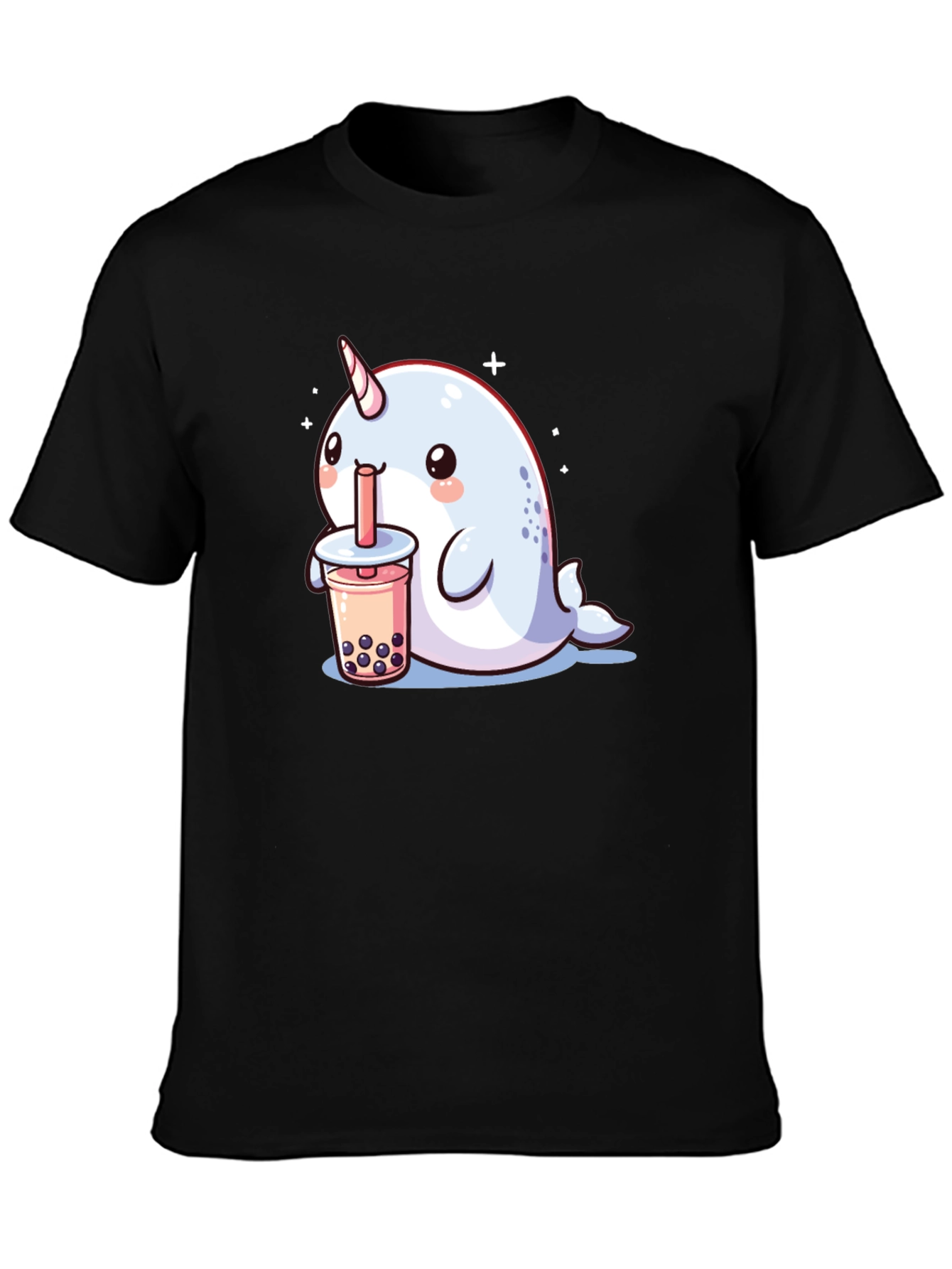 Black Cute Narwhal Boba Tea Graphic T-Shirt view 3