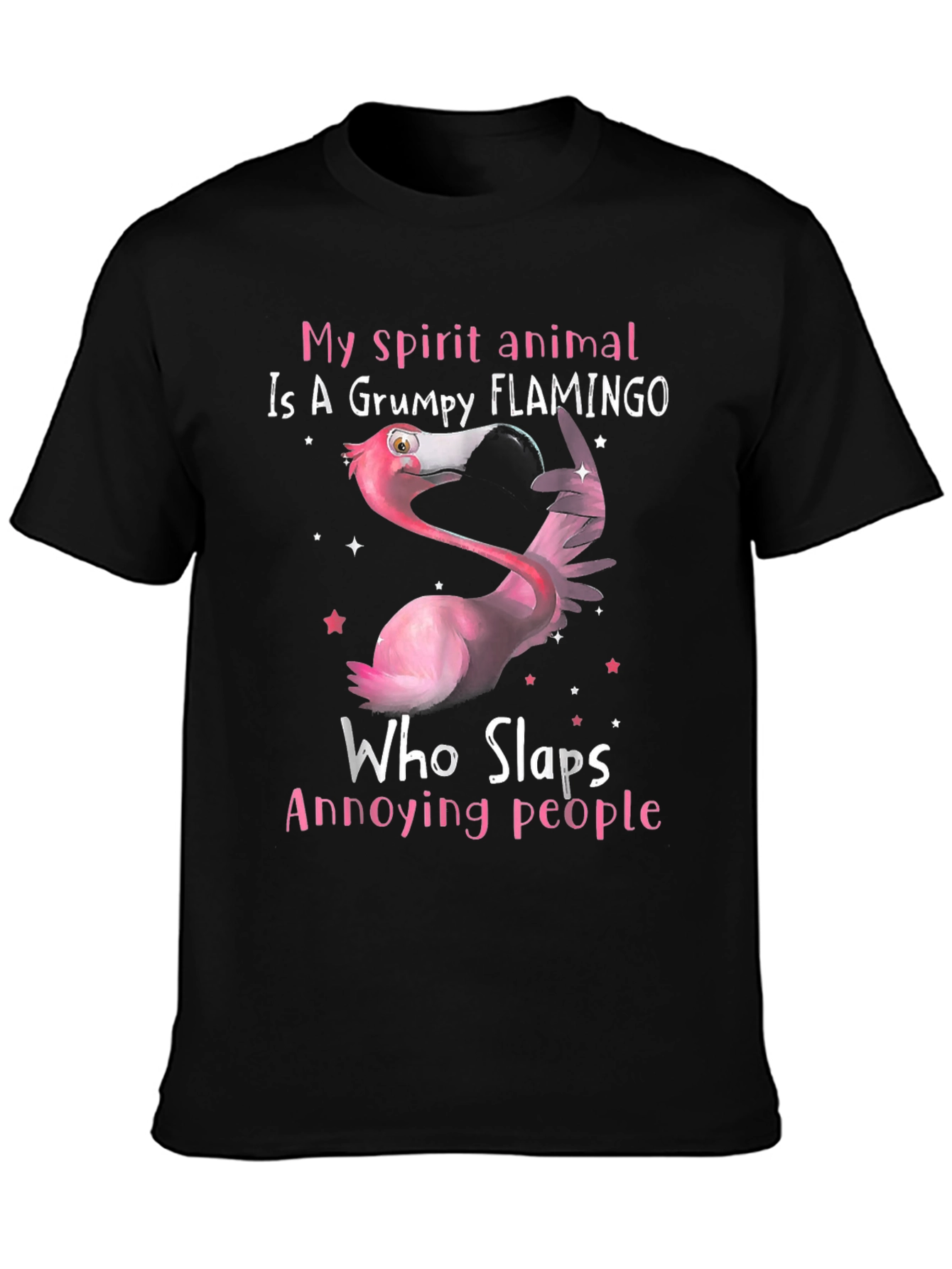 Black Grumpy Flamingo T-Shirt - Slap Annoying People Funny Tee view 3