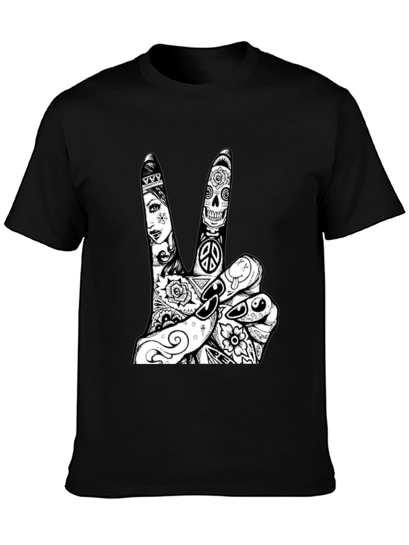 Black Peace Sign Tattoo Graphic Tee - Black Cotton T-Shirt view 3