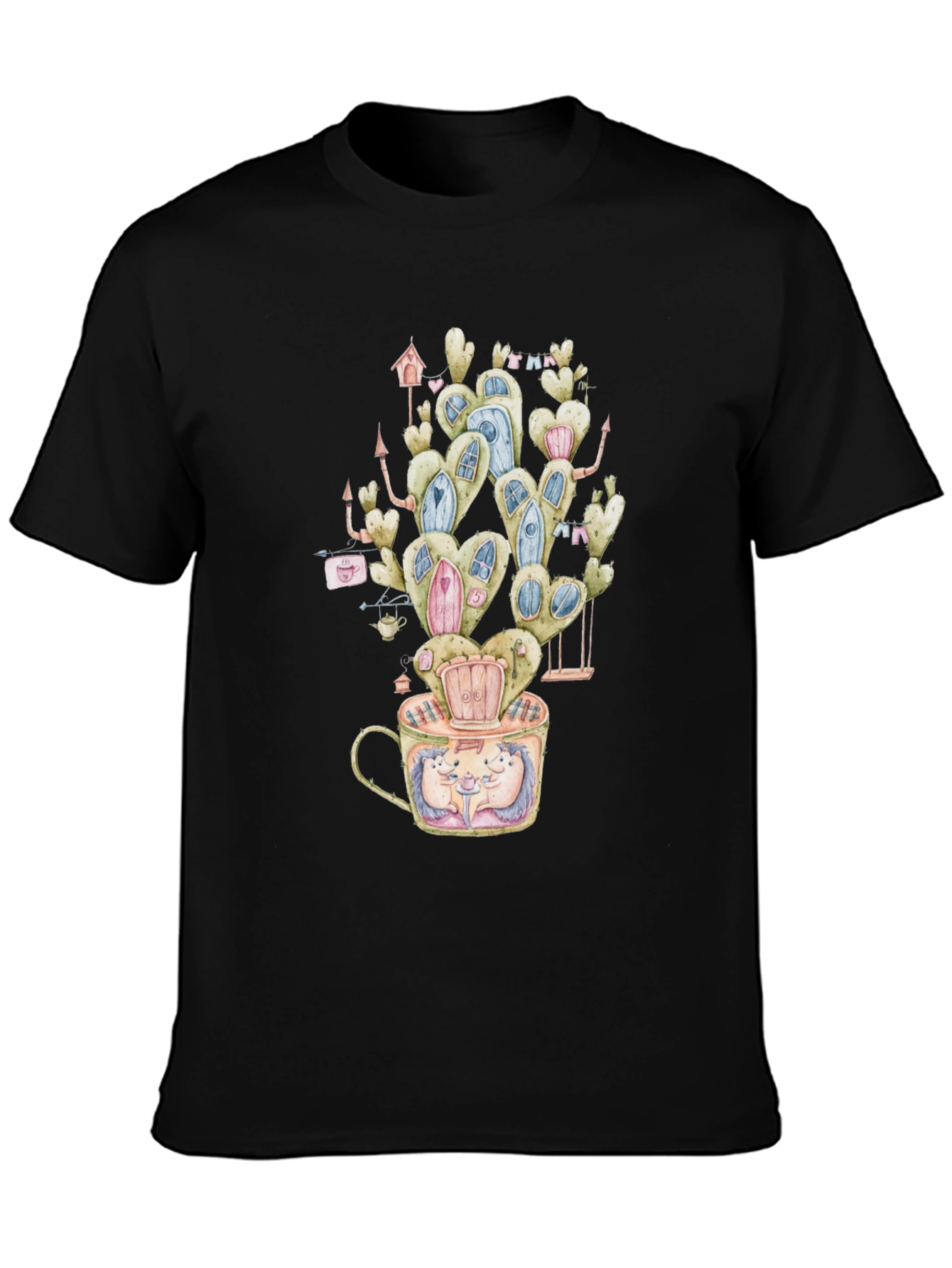 Black Whimsical Hedgehog Cactus Tee view 3