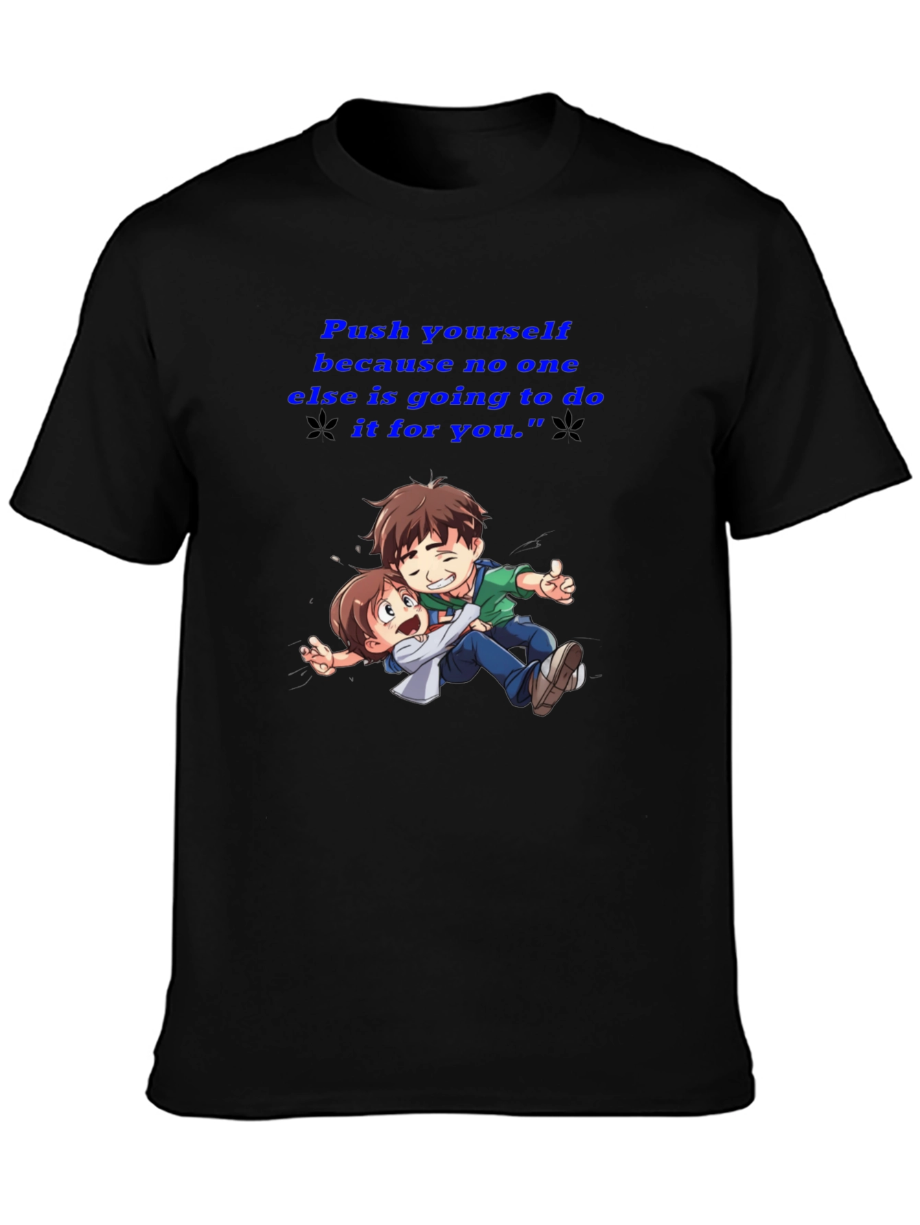 Black Motivational Black T-Shirt: "Push Yourself" Anime Design view 3