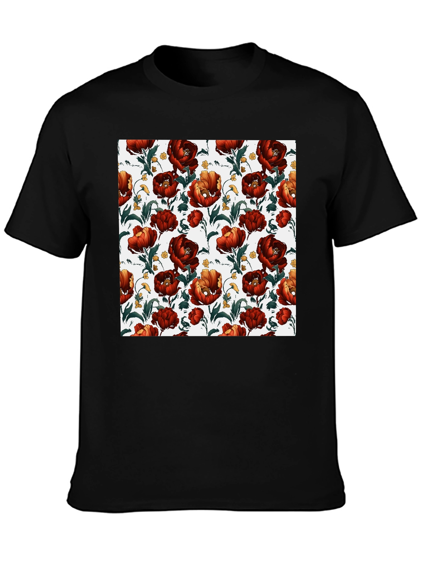 Black Floral Print Crew Neck T-Shirt - Bold Red Blooms view 3