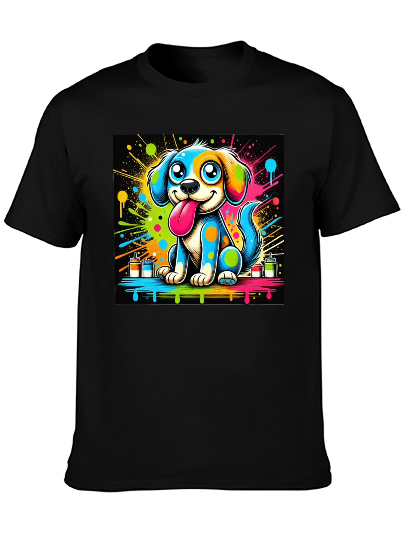 Black Colorful Cartoon Dog Graphic Tee view 3
