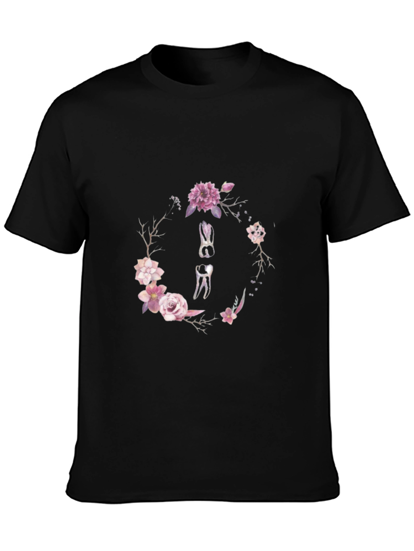 Black Floral Dental Wreath T-Shirt - Black Cotton Tee view 3