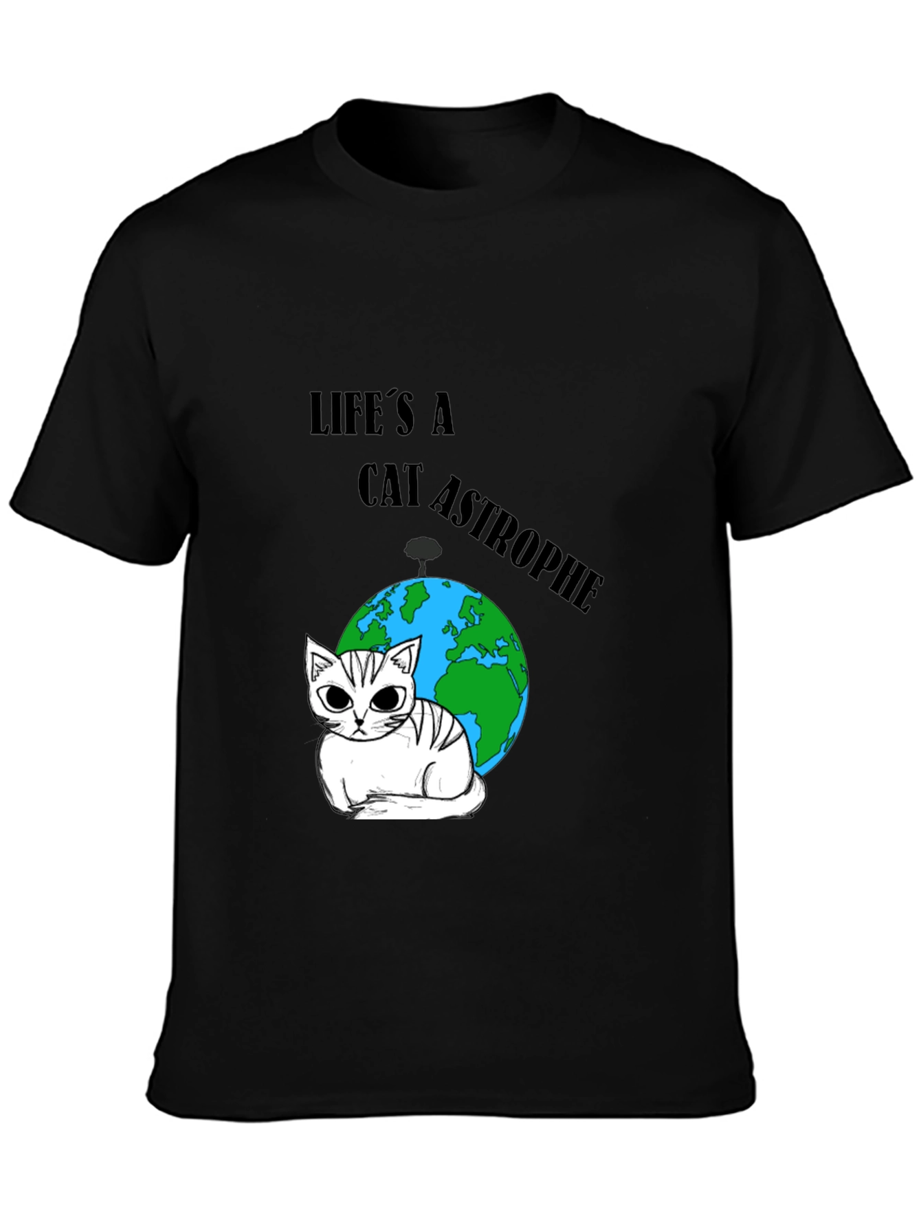 Black Catastrophe T-Shirt: Earth & Feline Humor view 3
