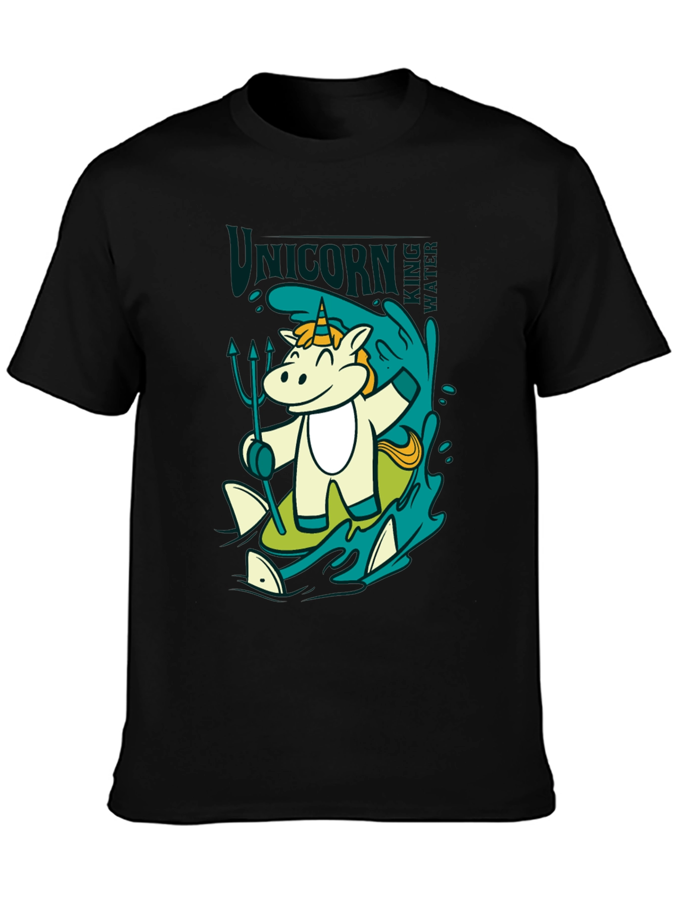 Black Unicorn Surfing T-Shirt: Cartoon Graphic Tee view 3