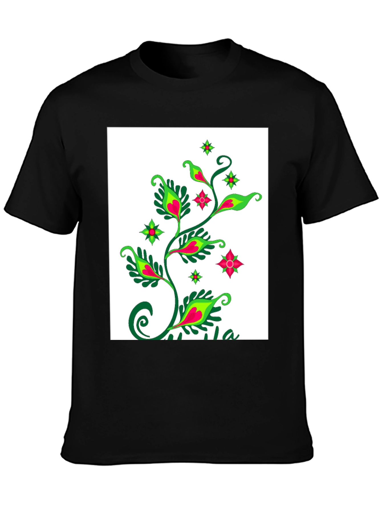 Black Black T-Shirt with Floral Plant Design view 3