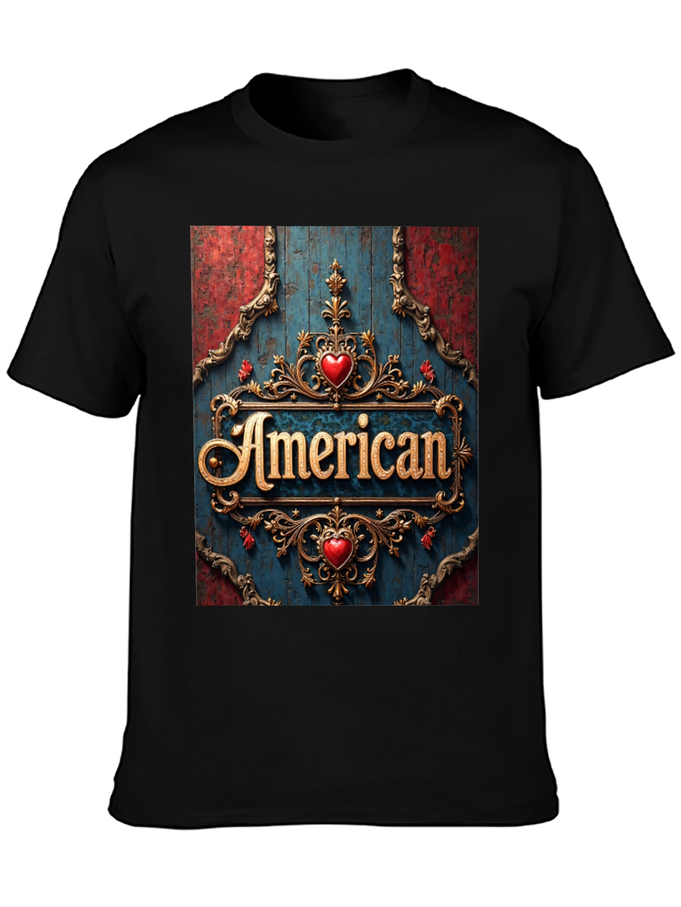 Black American Pride T-Shirt: Ornate Heart Design view 3