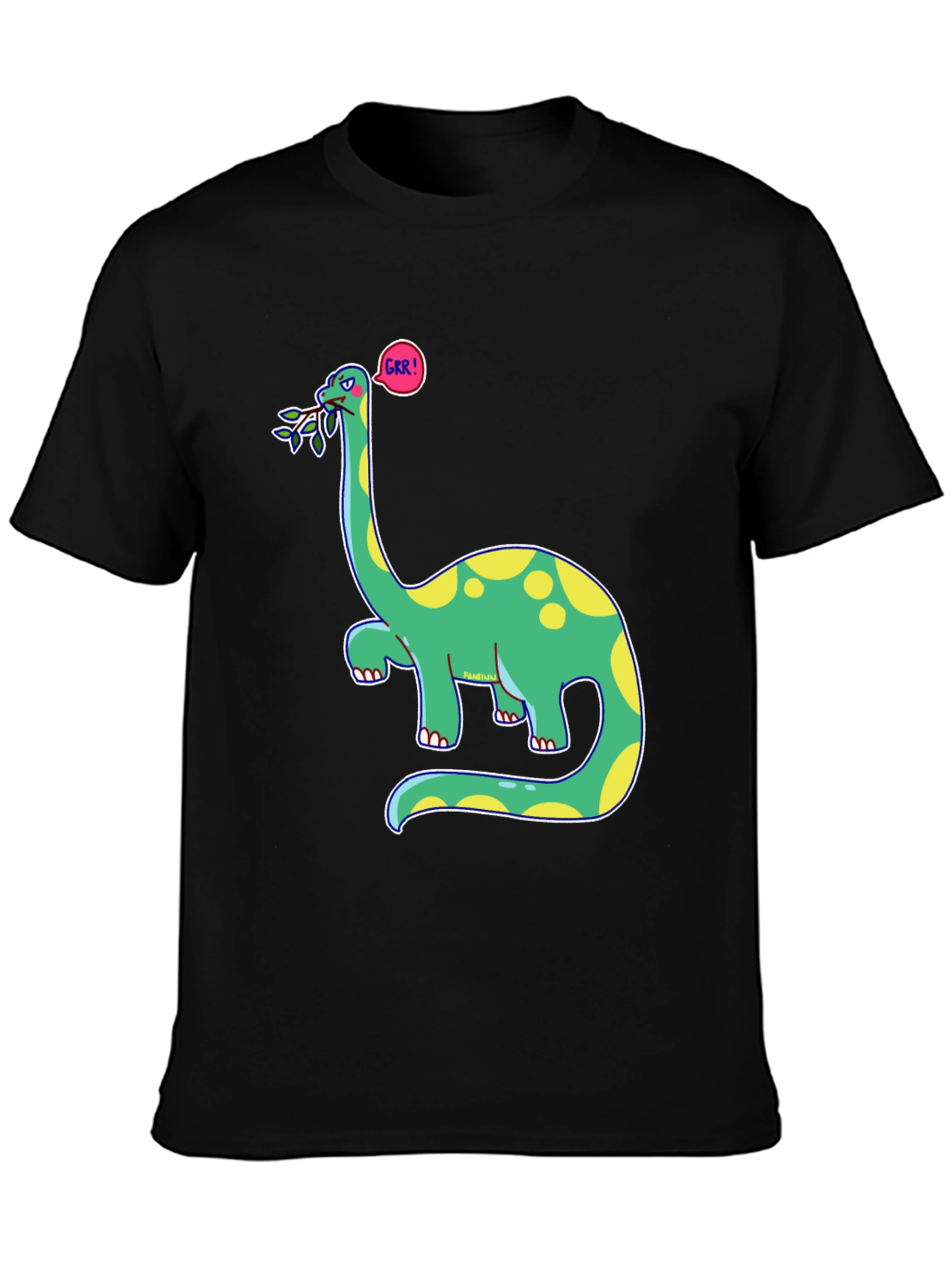 Black Dino GRR! Black T-Shirt - Cartoon Brontosaurus Tee view 3
