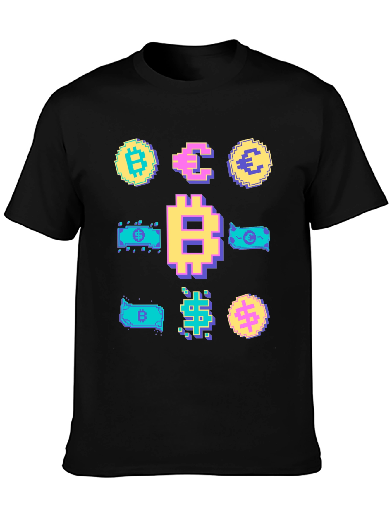 Black Crypto Pixel Art T-Shirt: Bitcoin, Euro, Dollar view 3